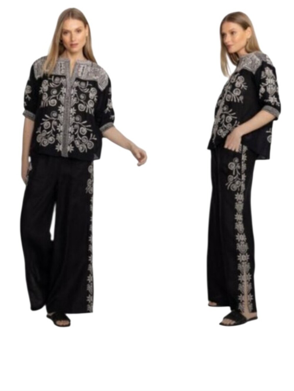 Johnny Was Hannani Linen Pull On Pants With Slits  L NWT